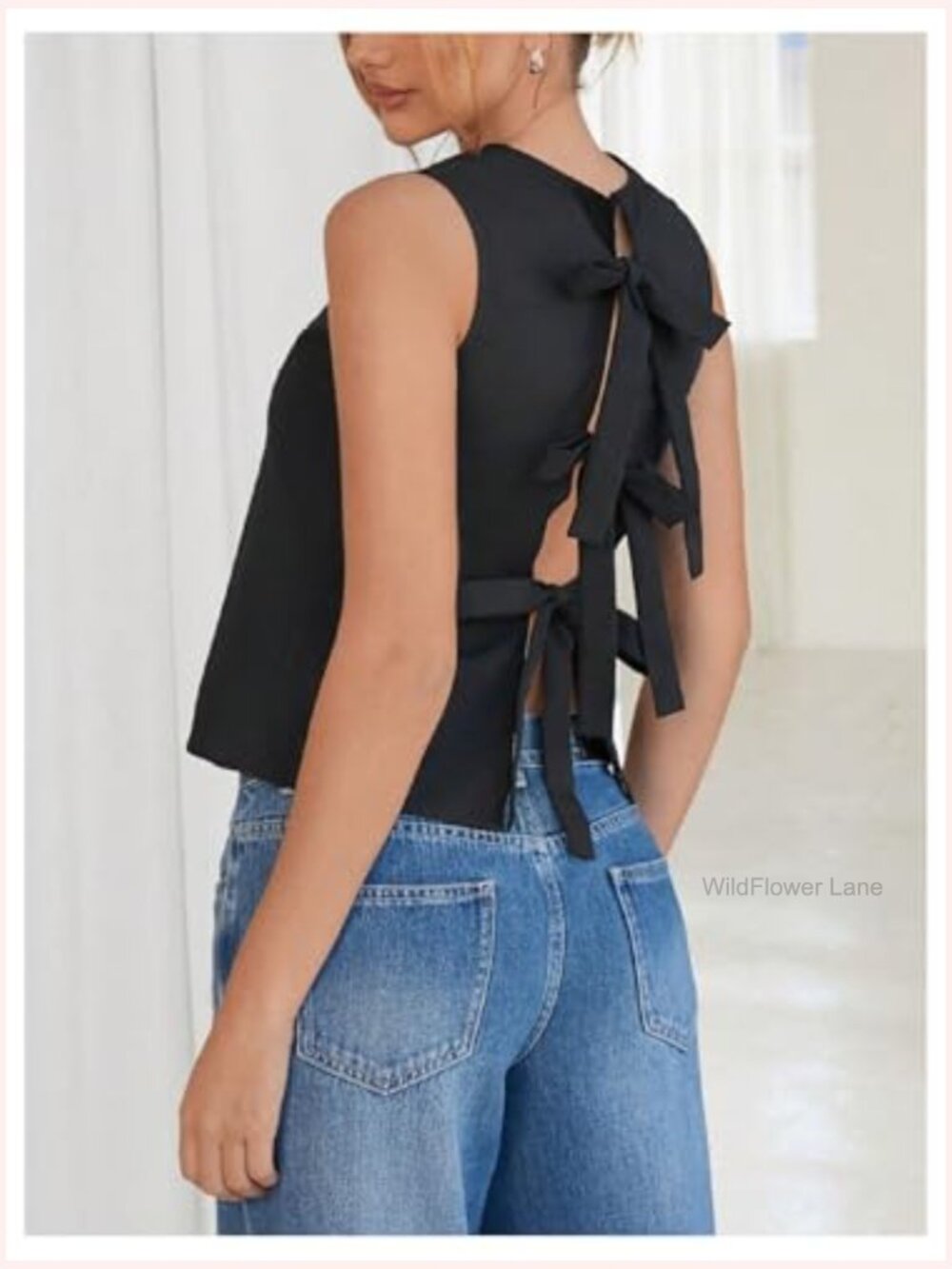 Crew Neck Sleeveless Tank Top with Bow Tie Back - Picture 3 of 5